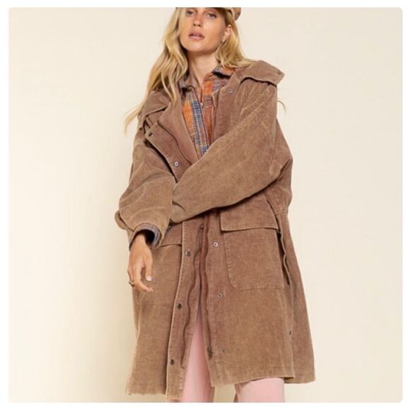 POL 𝅺corduroy Hooded Long Coat in Teddy Bear - Picture 2 of 12